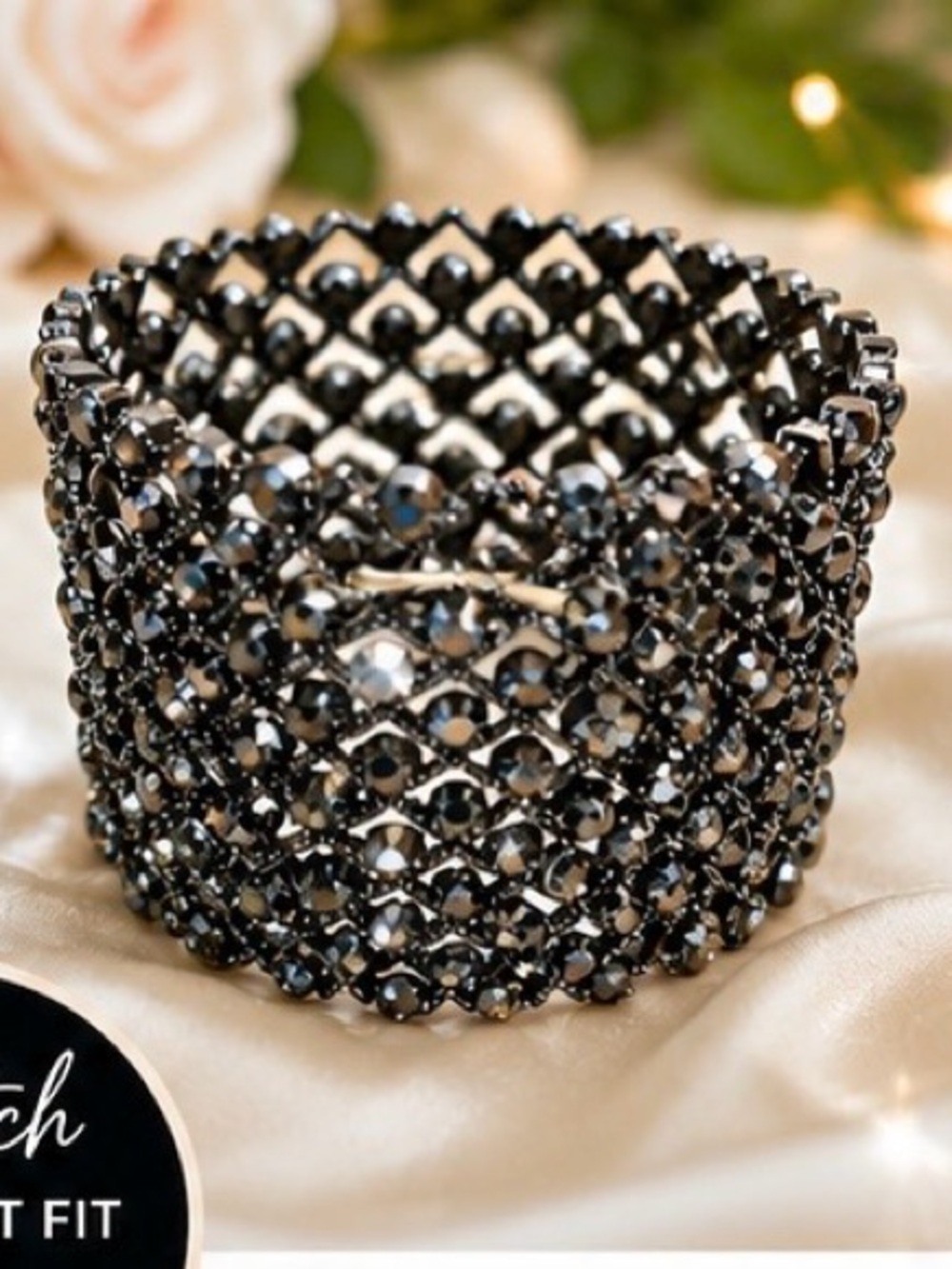 Silver Crystal Stretch Bracelet Rhinestone Wide Statement Cuff - Picture 5 of 8